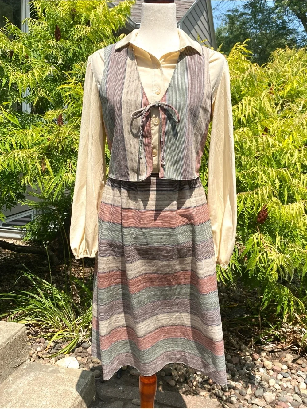 Vintage 70’s Kay Windsor Earth Tone Striped Dress and Vest Outfit Medium Large